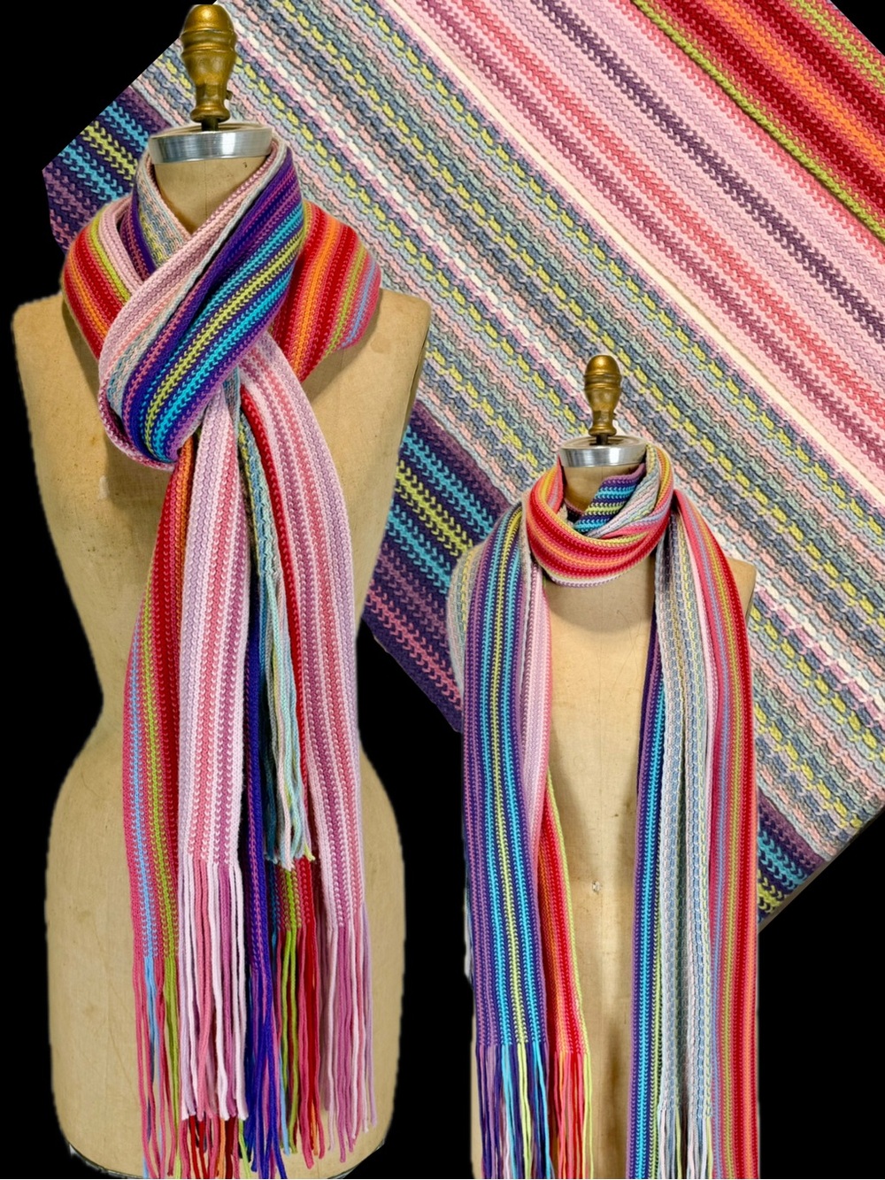 Rainbow scarf set of‎ 4 long skinny crochet wrap fringe multicolor stripe y2k